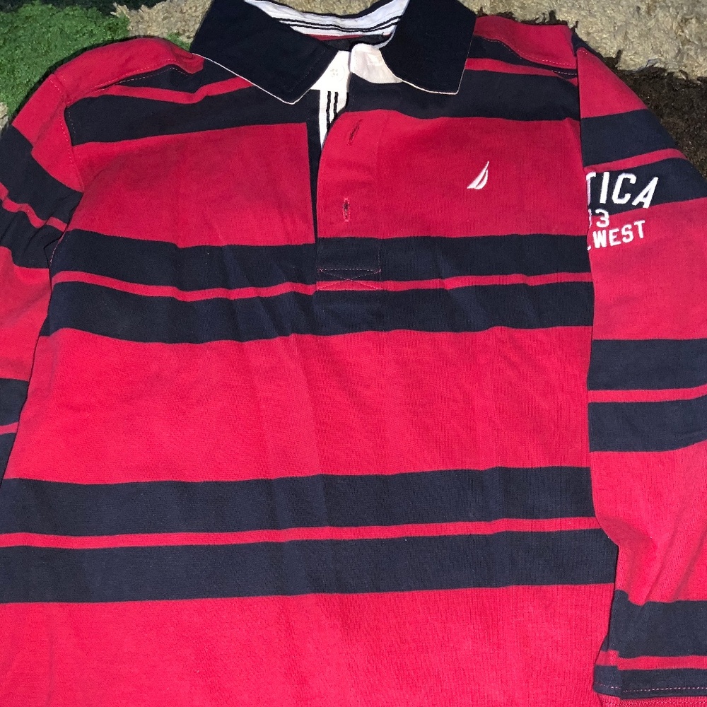 Nautica boys rugby red and navy stripe polo size 5/6 nwot